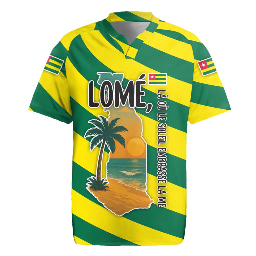 Lome Togo Sunset Rugby Jersey with Palm Trees and Ocean Embrace Design