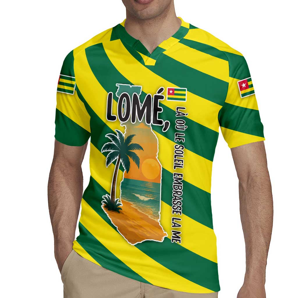 Lome Togo Sunset Rugby Jersey with Palm Trees and Ocean Embrace Design