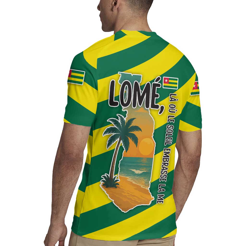 Lome Togo Sunset Rugby Jersey with Palm Trees and Ocean Embrace Design