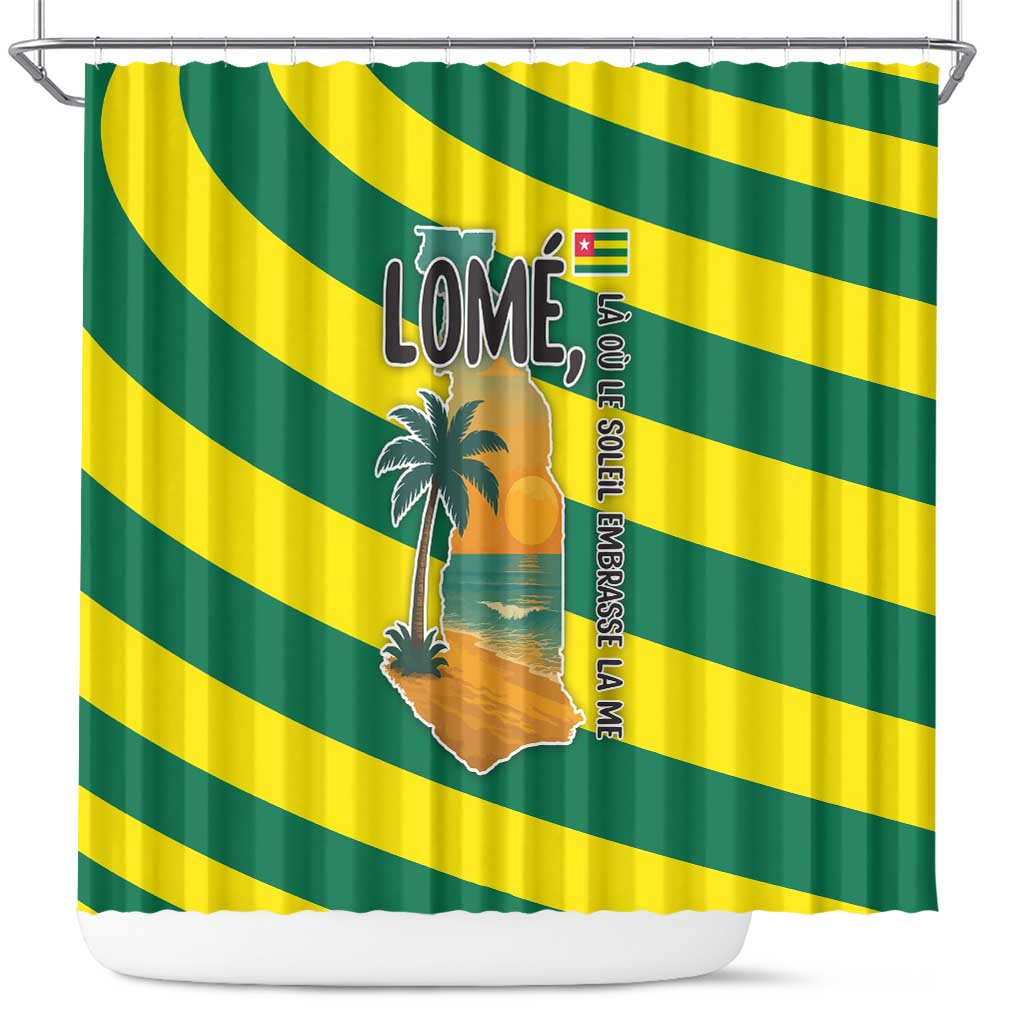 Lome Togo Sunset Shower Curtain with Palm Trees and Ocean Embrace Design
