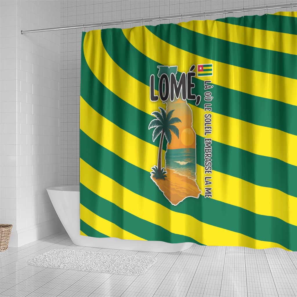 Lome Togo Sunset Shower Curtain with Palm Trees and Ocean Embrace Design