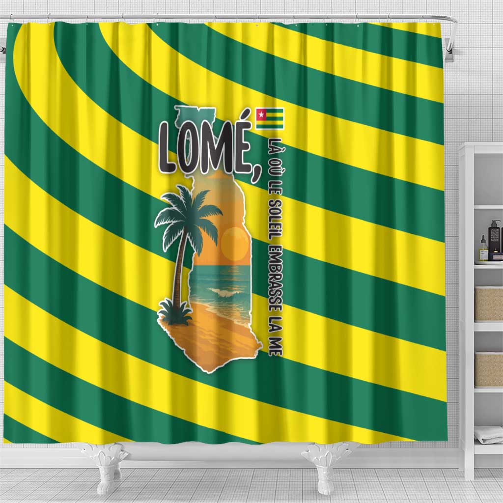 Lome Togo Sunset Shower Curtain with Palm Trees and Ocean Embrace Design