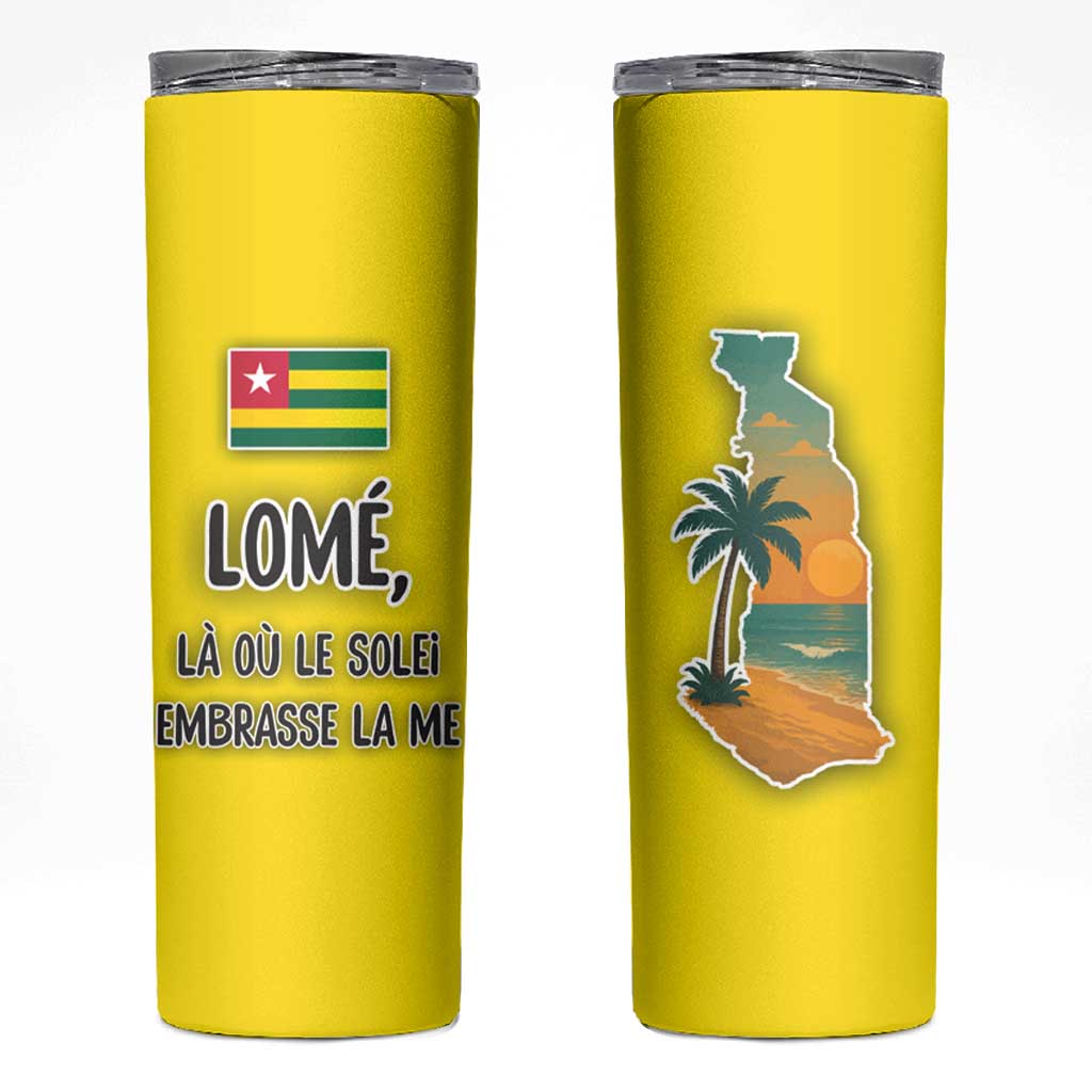 Lome Togo Sunset Skinny Tumbler with Palm Trees and Ocean Embrace Design