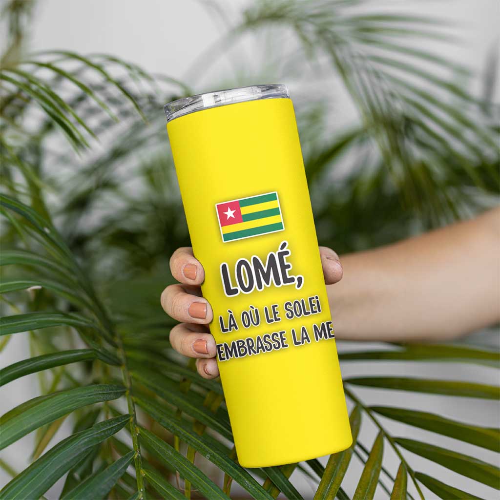 Lome Togo Sunset Skinny Tumbler with Palm Trees and Ocean Embrace Design