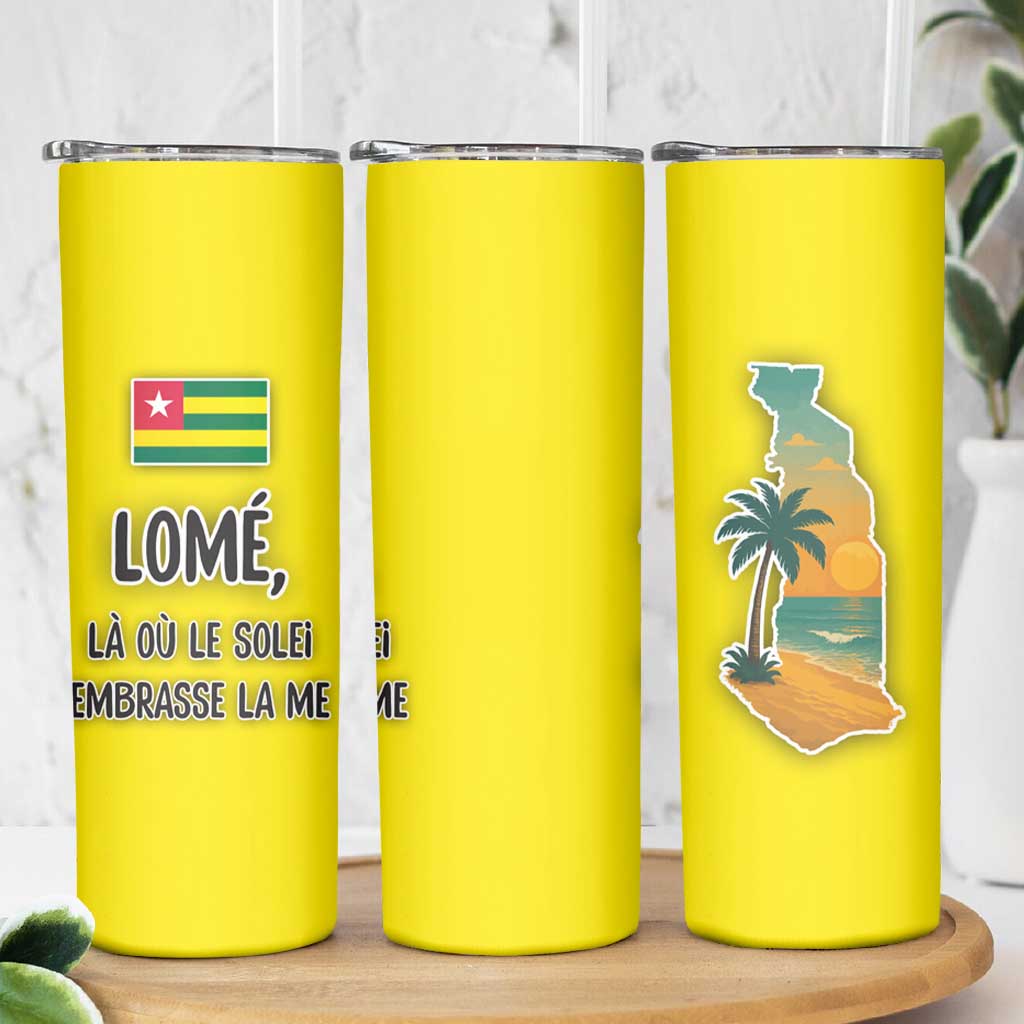 Lome Togo Sunset Skinny Tumbler with Palm Trees and Ocean Embrace Design