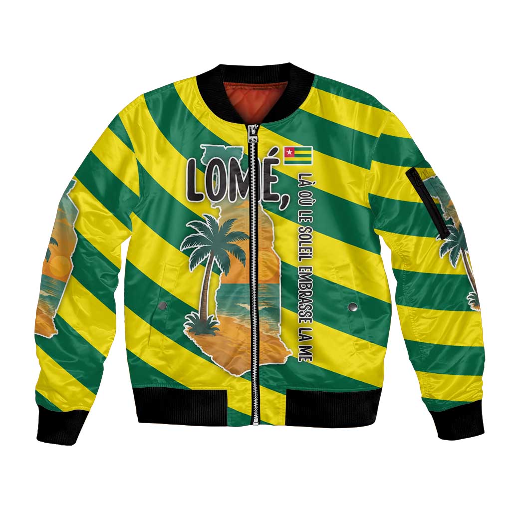 Lome Togo Sunset Sleeve Zip Bomber Jacket with Palm Trees and Ocean Embrace Design
