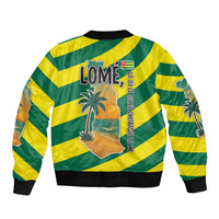 Lome Togo Sunset Sleeve Zip Bomber Jacket with Palm Trees and Ocean Embrace Design