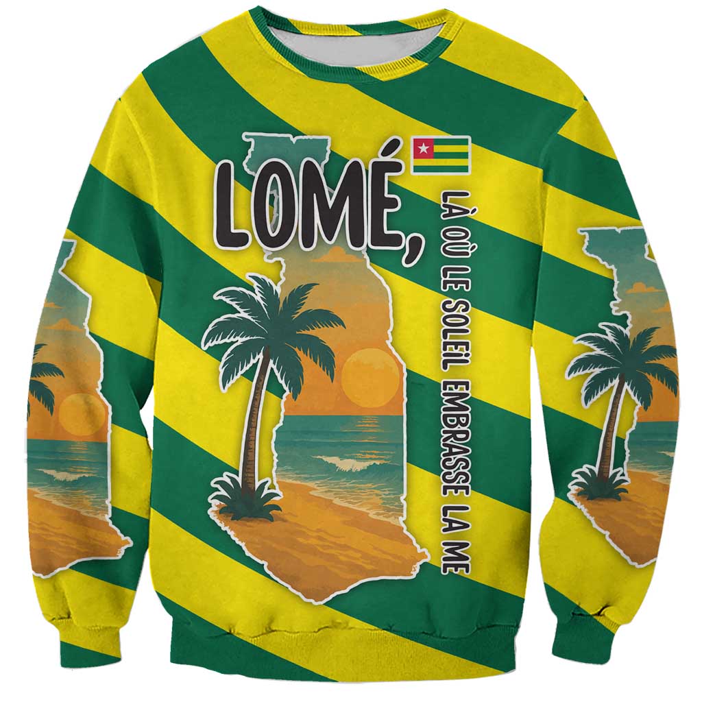 Lome Togo Sunset Sweatshirt with Palm Trees and Ocean Embrace Design