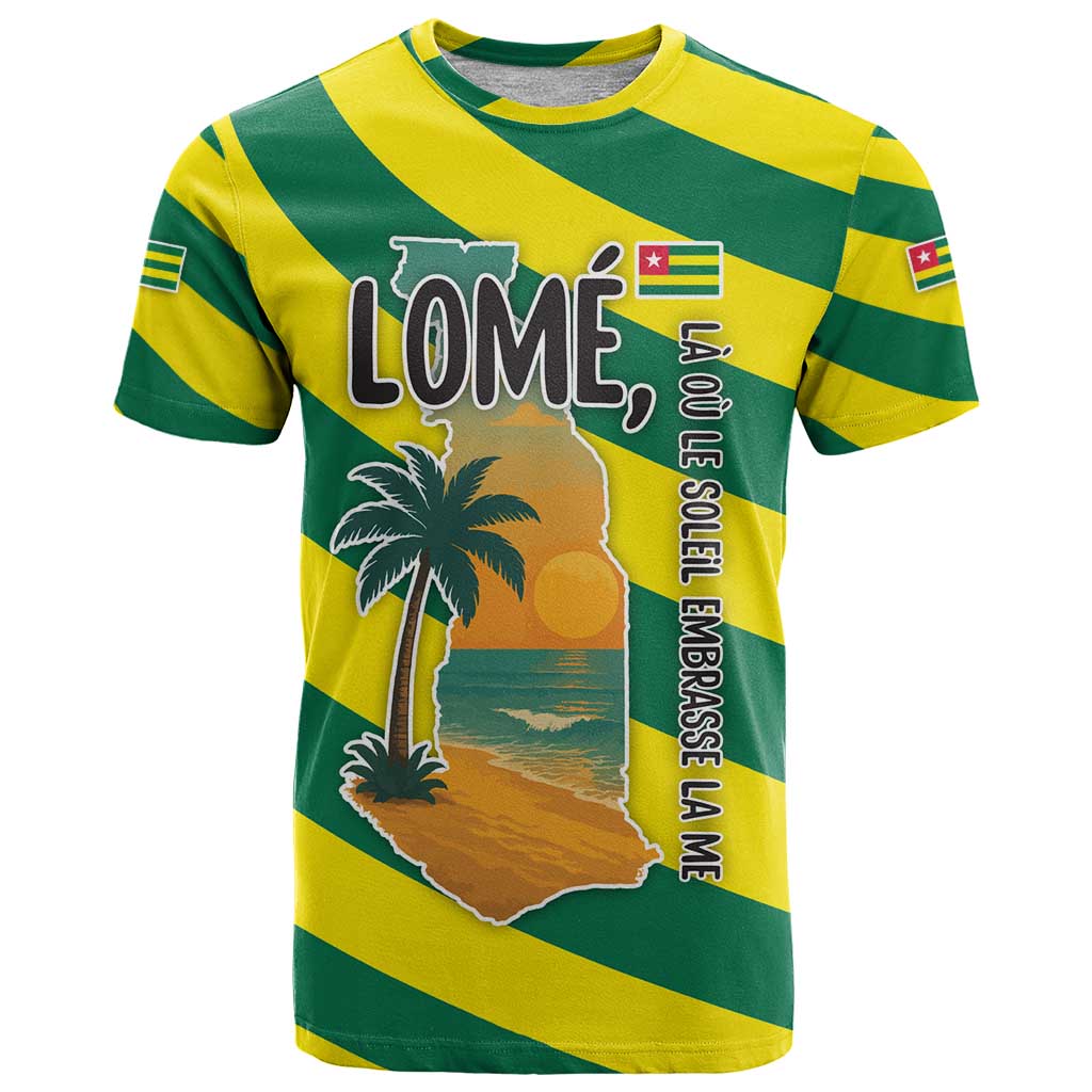 Lome Togo Sunset T Shirt with Palm Trees and Ocean Embrace Design