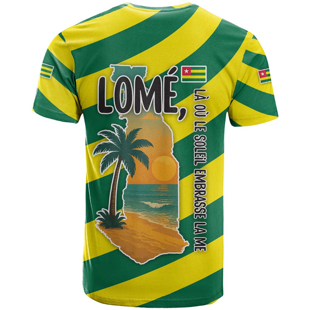 Lome Togo Sunset T Shirt with Palm Trees and Ocean Embrace Design