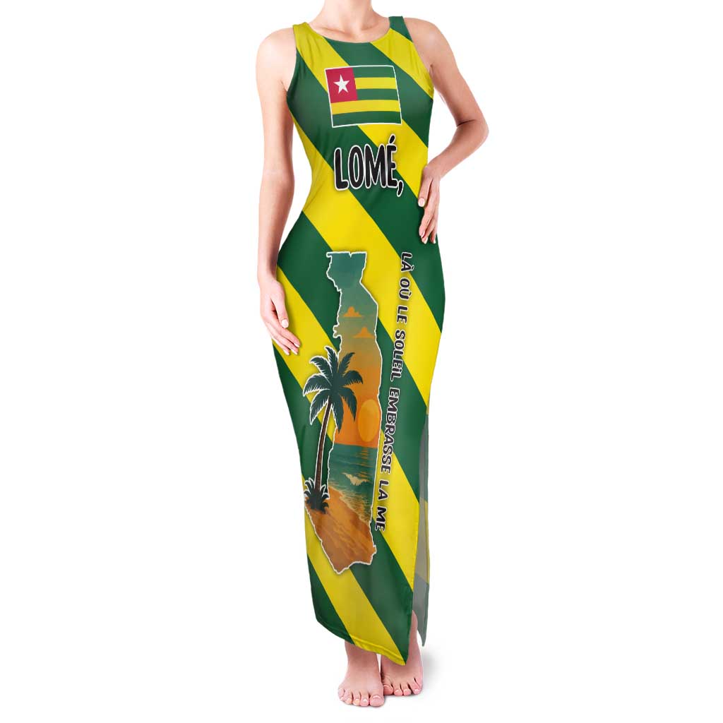 Lome Togo Sunset Tank Maxi Dress with Palm Trees and Ocean Embrace Design