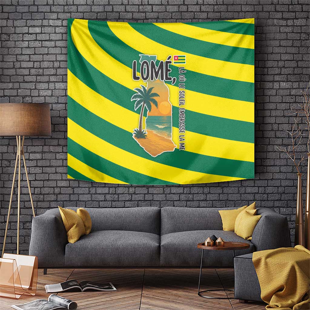 Lome Togo Sunset Tapestry with Palm Trees and Ocean Embrace Design