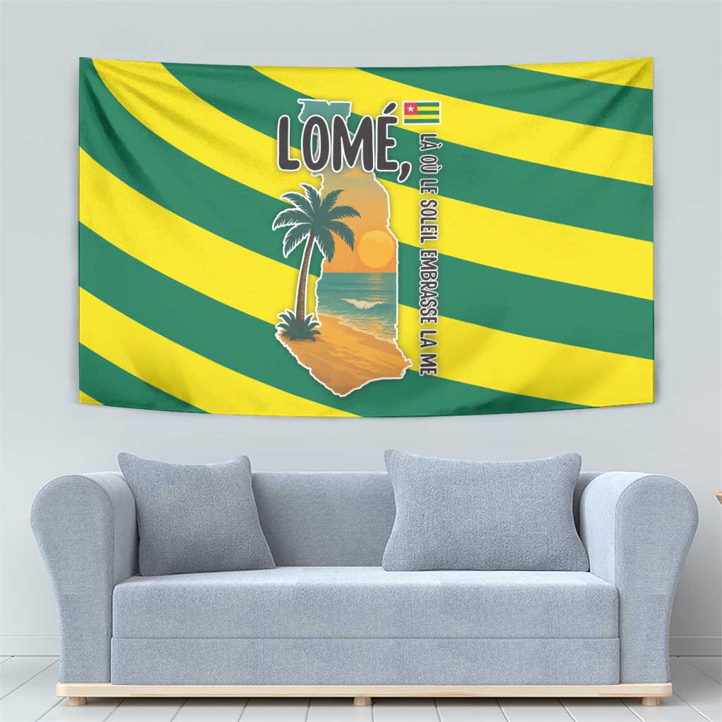 Lome Togo Sunset Tapestry with Palm Trees and Ocean Embrace Design