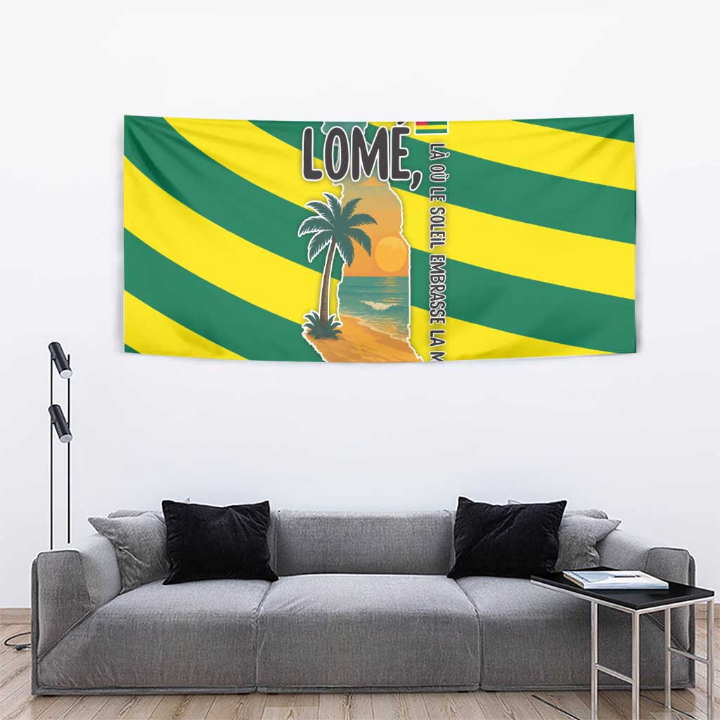 Lome Togo Sunset Tapestry with Palm Trees and Ocean Embrace Design