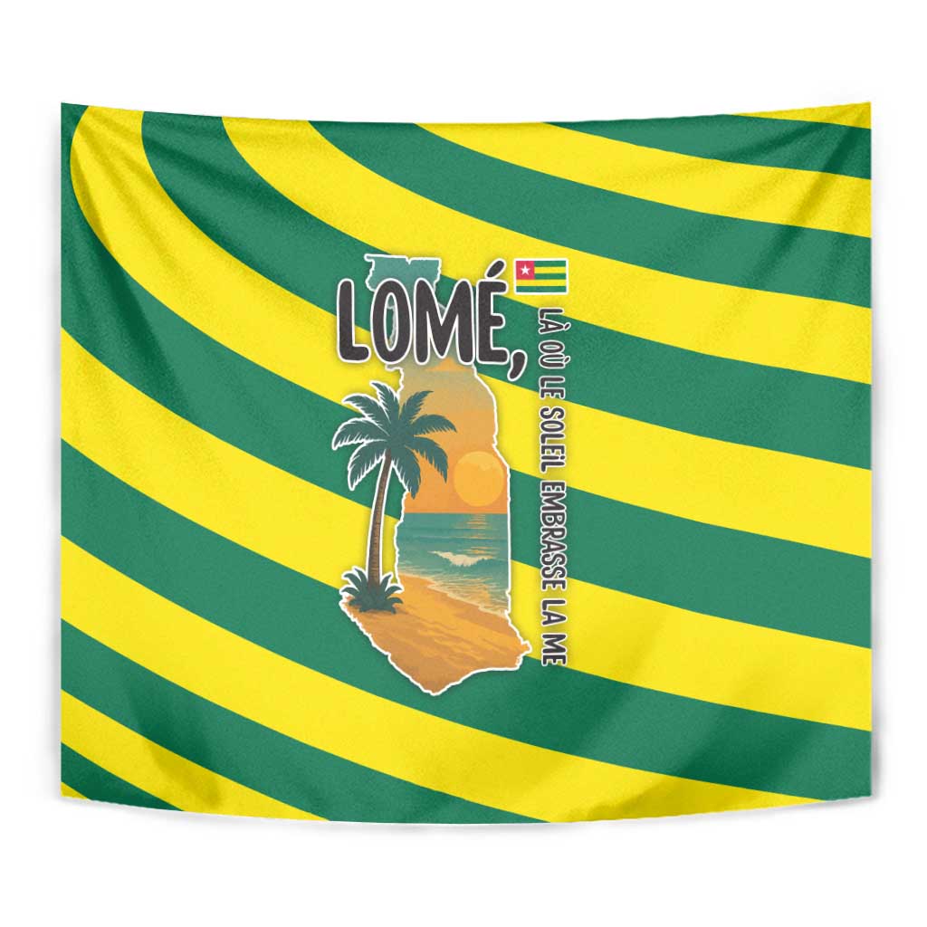 Lome Togo Sunset Tapestry with Palm Trees and Ocean Embrace Design