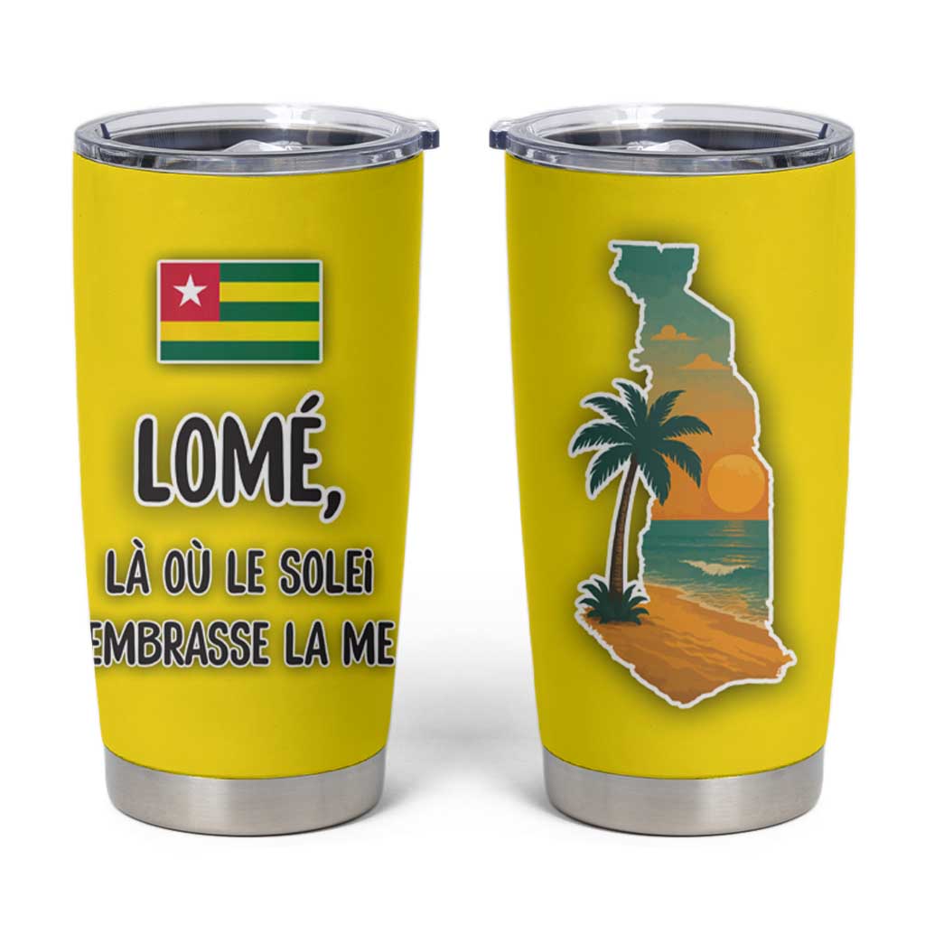 Lome Togo Sunset Tumbler Cup with Palm Trees and Ocean Embrace Design