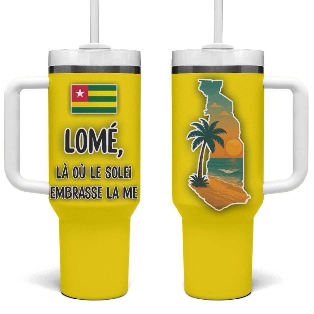 Lome Togo Sunset Tumbler With Handle with Palm Trees and Ocean Embrace Design