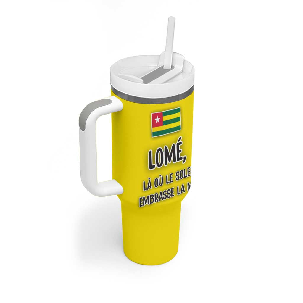 Lome Togo Sunset Tumbler With Handle with Palm Trees and Ocean Embrace Design
