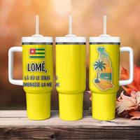 Lome Togo Sunset Tumbler With Handle with Palm Trees and Ocean Embrace Design