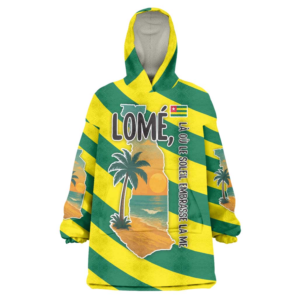 Lome Togo Sunset Wearable Blanket Hoodie with Palm Trees and Ocean Embrace Design