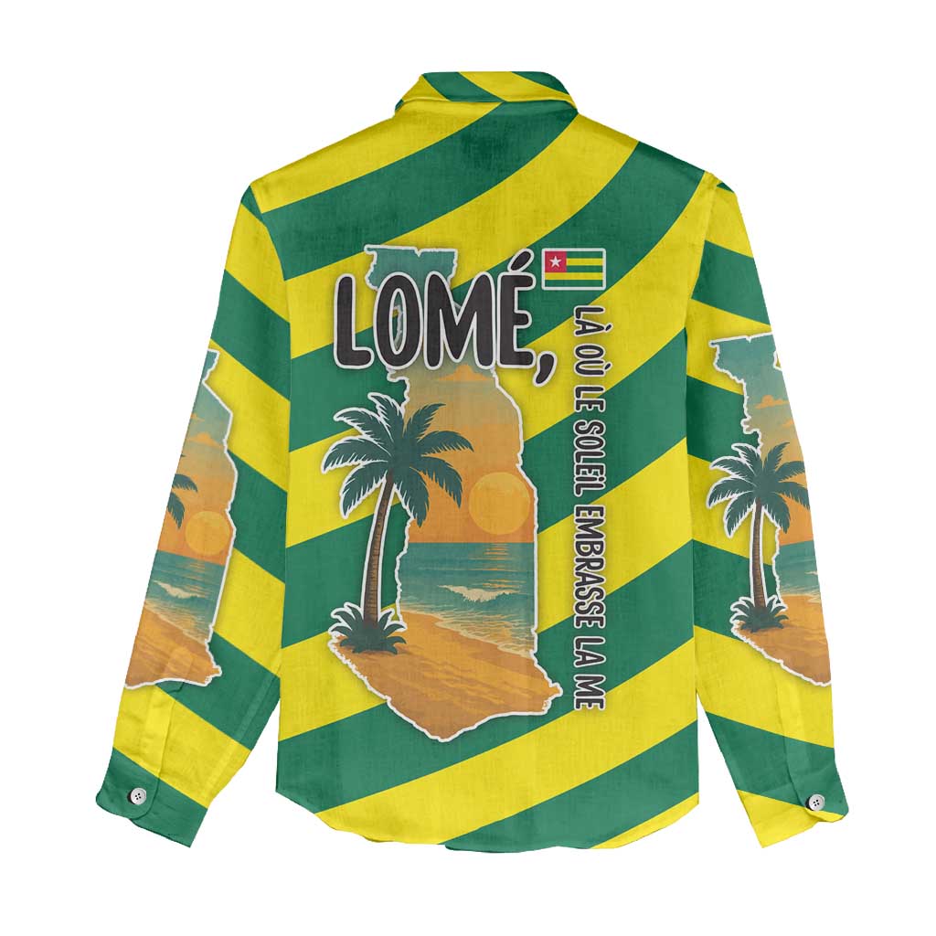 Lome Togo Sunset Women Casual Shirt with Palm Trees and Ocean Embrace Design