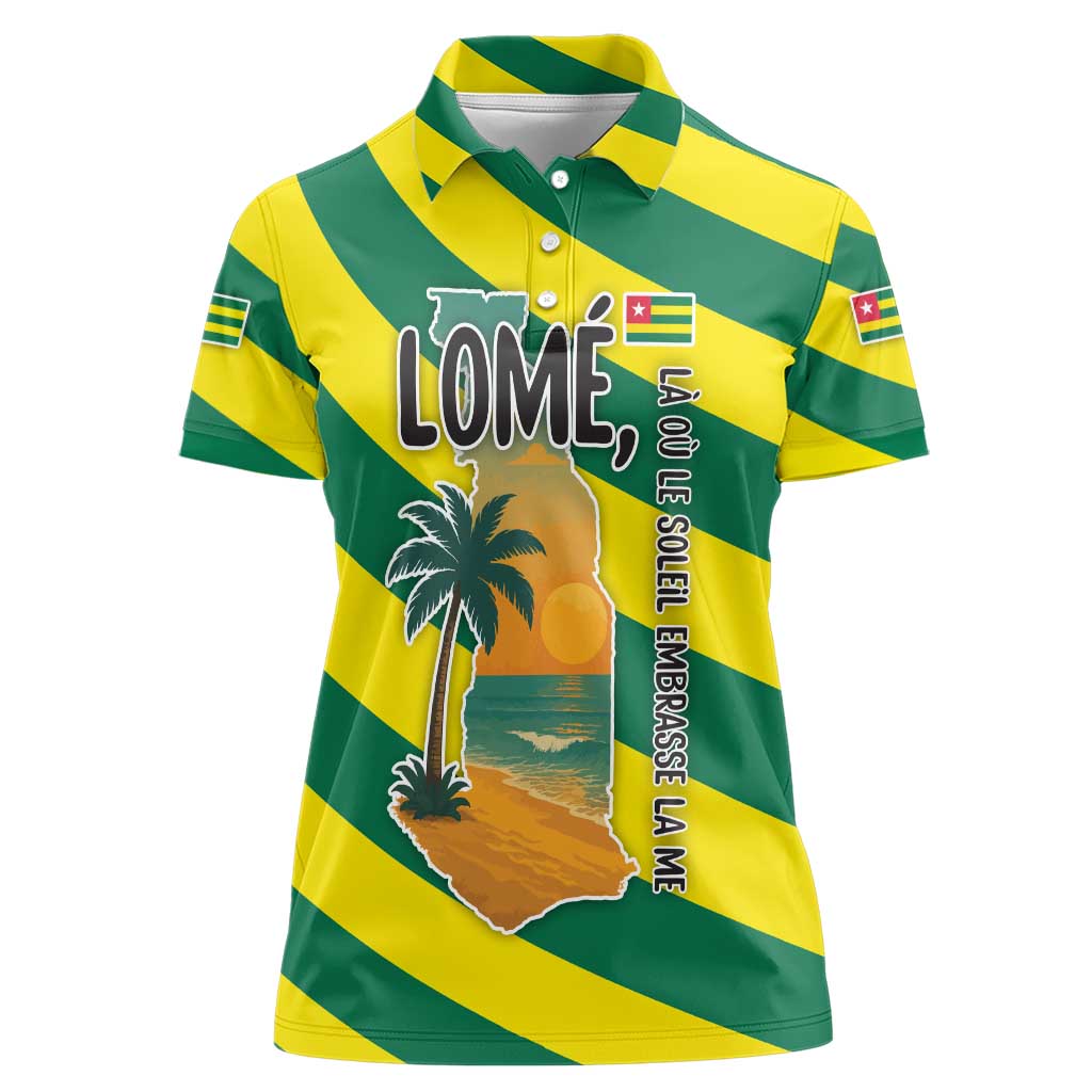 Lome Togo Sunset Women Polo Shirt with Palm Trees and Ocean Embrace Design