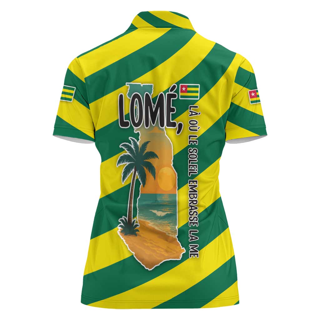 Lome Togo Sunset Women Polo Shirt with Palm Trees and Ocean Embrace Design