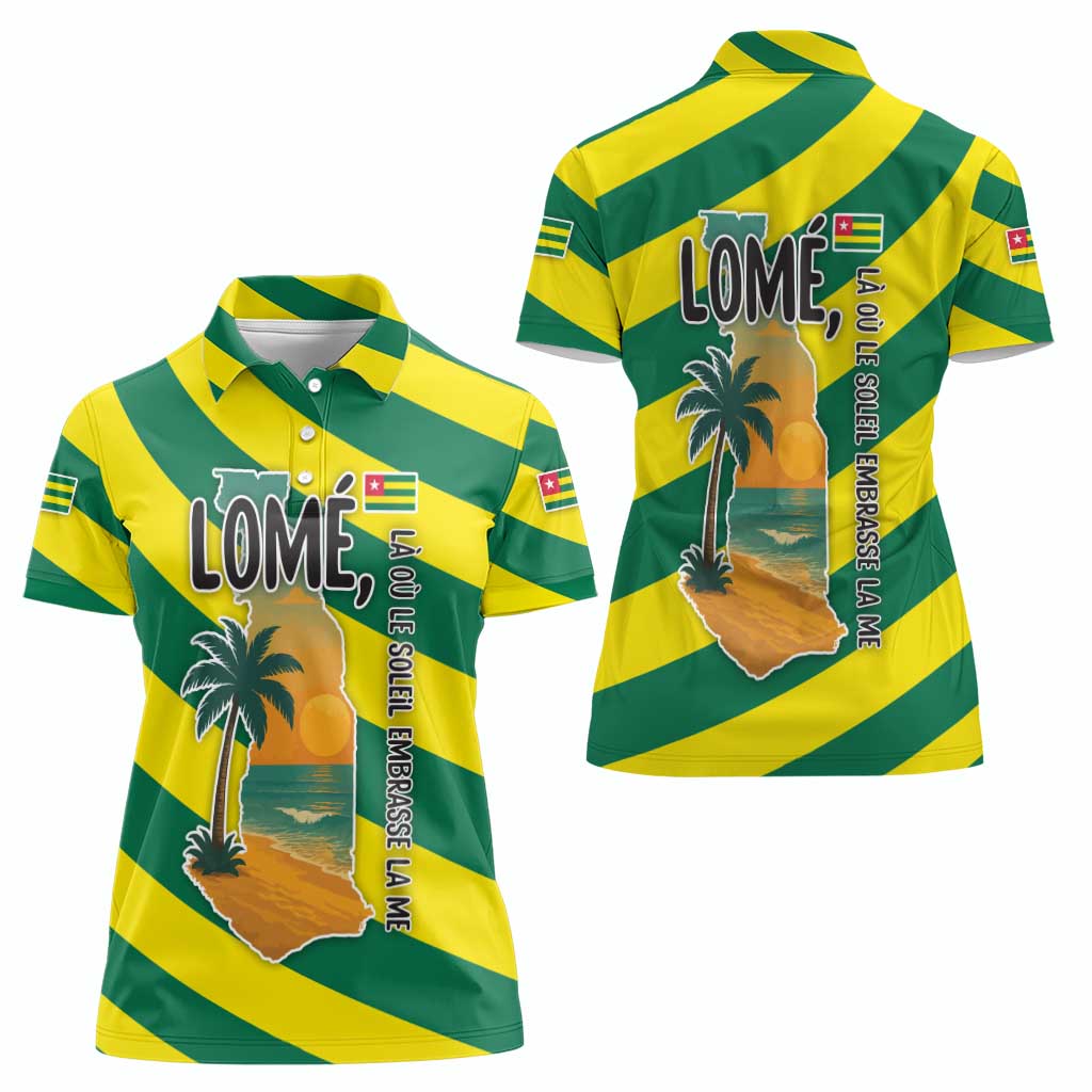 Lome Togo Sunset Women Polo Shirt with Palm Trees and Ocean Embrace Design