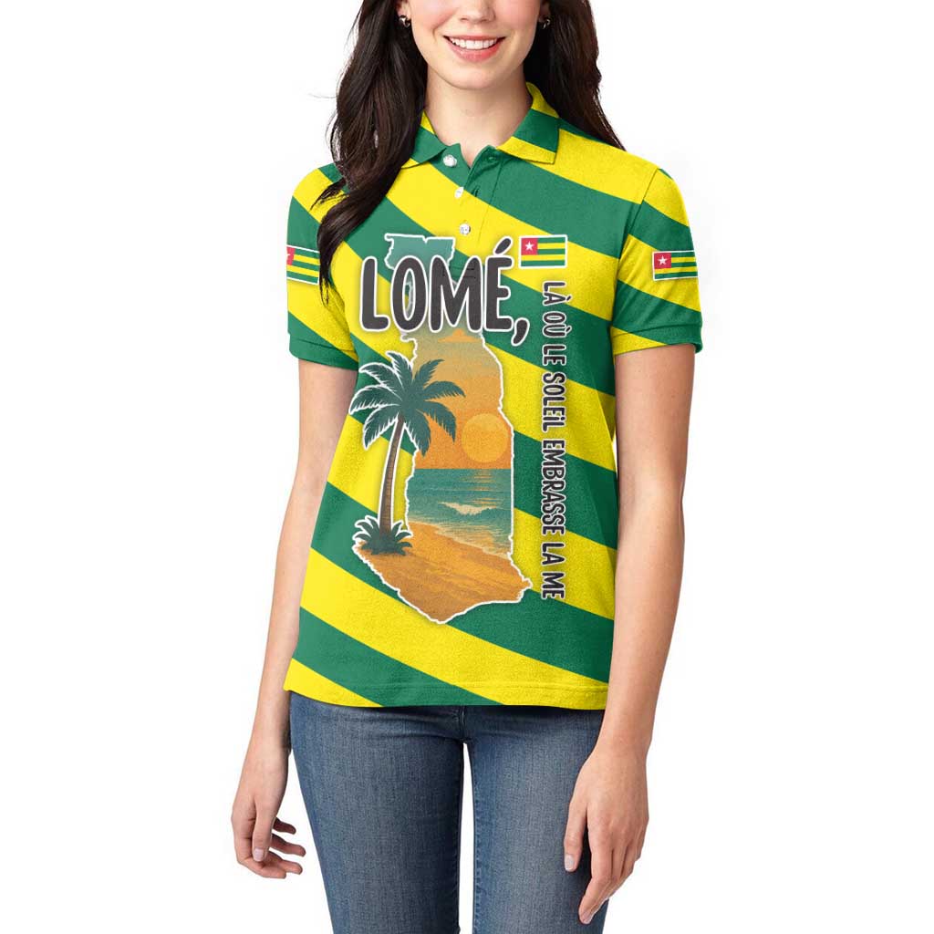 Lome Togo Sunset Women Polo Shirt with Palm Trees and Ocean Embrace Design