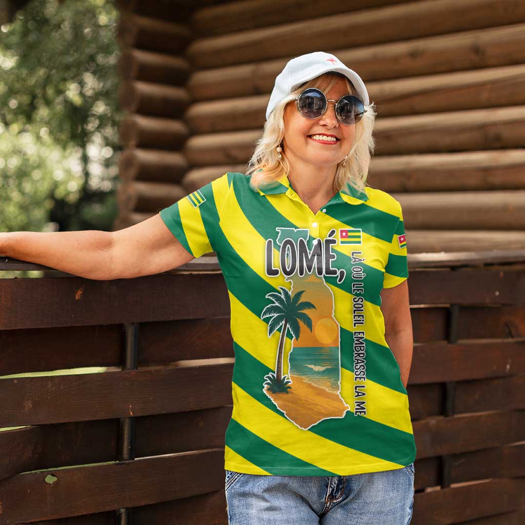 Lome Togo Sunset Women Polo Shirt with Palm Trees and Ocean Embrace Design