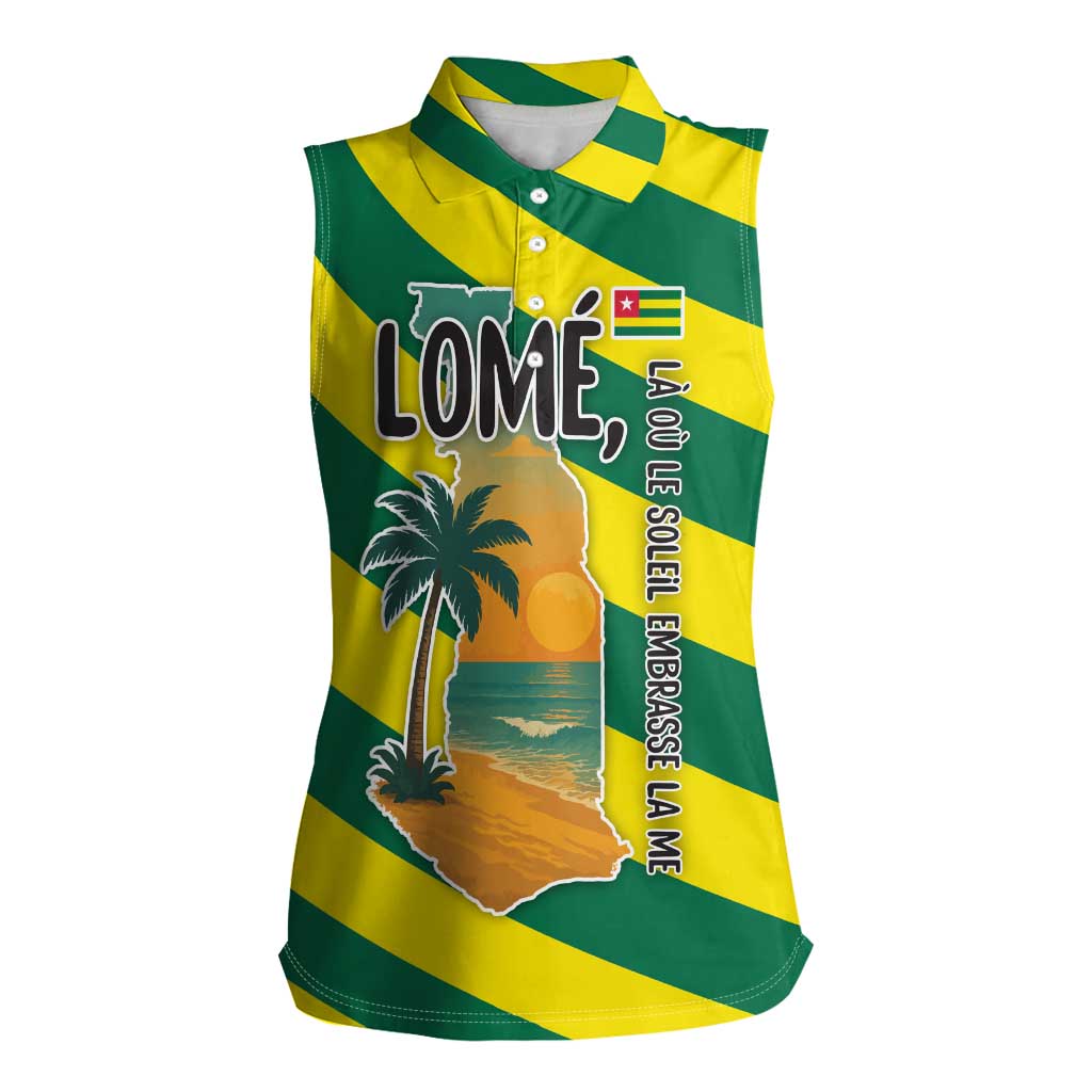 Lome Togo Sunset Women Sleeveless Polo Shirt with Palm Trees and Ocean Embrace Design