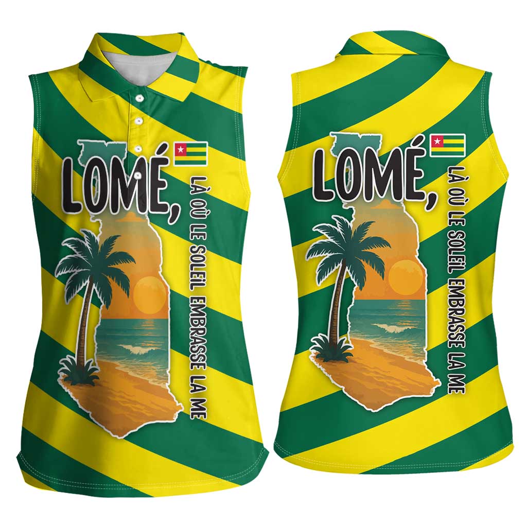 Lome Togo Sunset Women Sleeveless Polo Shirt with Palm Trees and Ocean Embrace Design