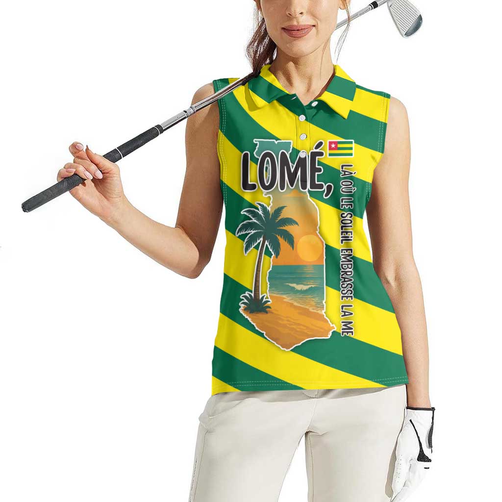 Lome Togo Sunset Women Sleeveless Polo Shirt with Palm Trees and Ocean Embrace Design