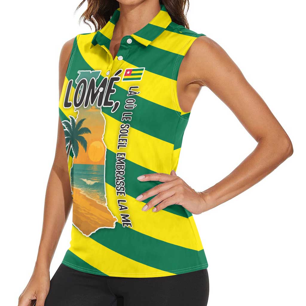 Lome Togo Sunset Women Sleeveless Polo Shirt with Palm Trees and Ocean Embrace Design