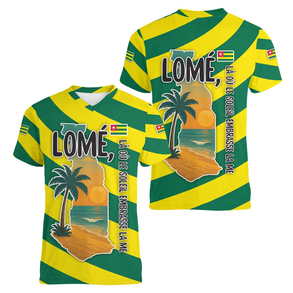 Lome Togo Sunset Women V-Neck T-Shirt with Palm Trees and Ocean Embrace Design