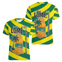 Lome Togo Sunset Women V-Neck T-Shirt with Palm Trees and Ocean Embrace Design