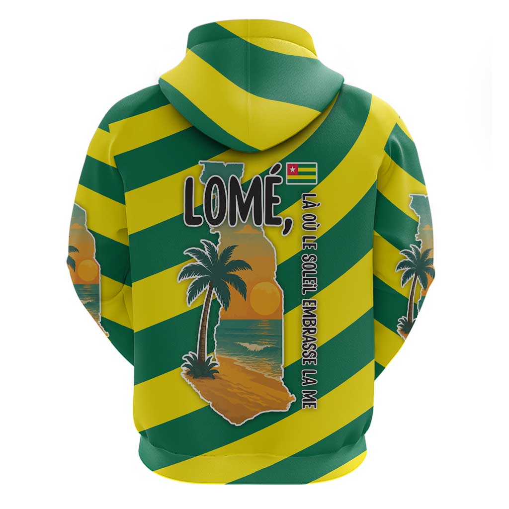 Lome Togo Sunset Zip Hoodie with Palm Trees and Ocean Embrace Design
