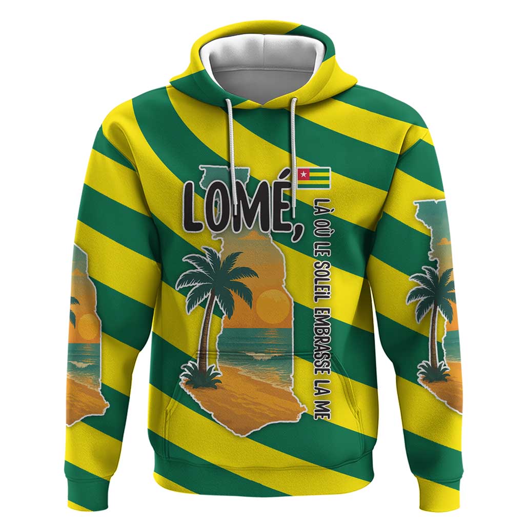 Lome Togo Sunset Zip Hoodie with Palm Trees and Ocean Embrace Design