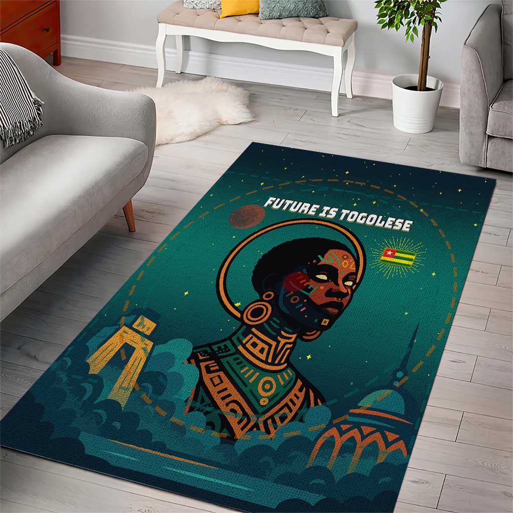 Togo Futuristic Afrocentric Woman Area Rug with Flag and Stars Design
