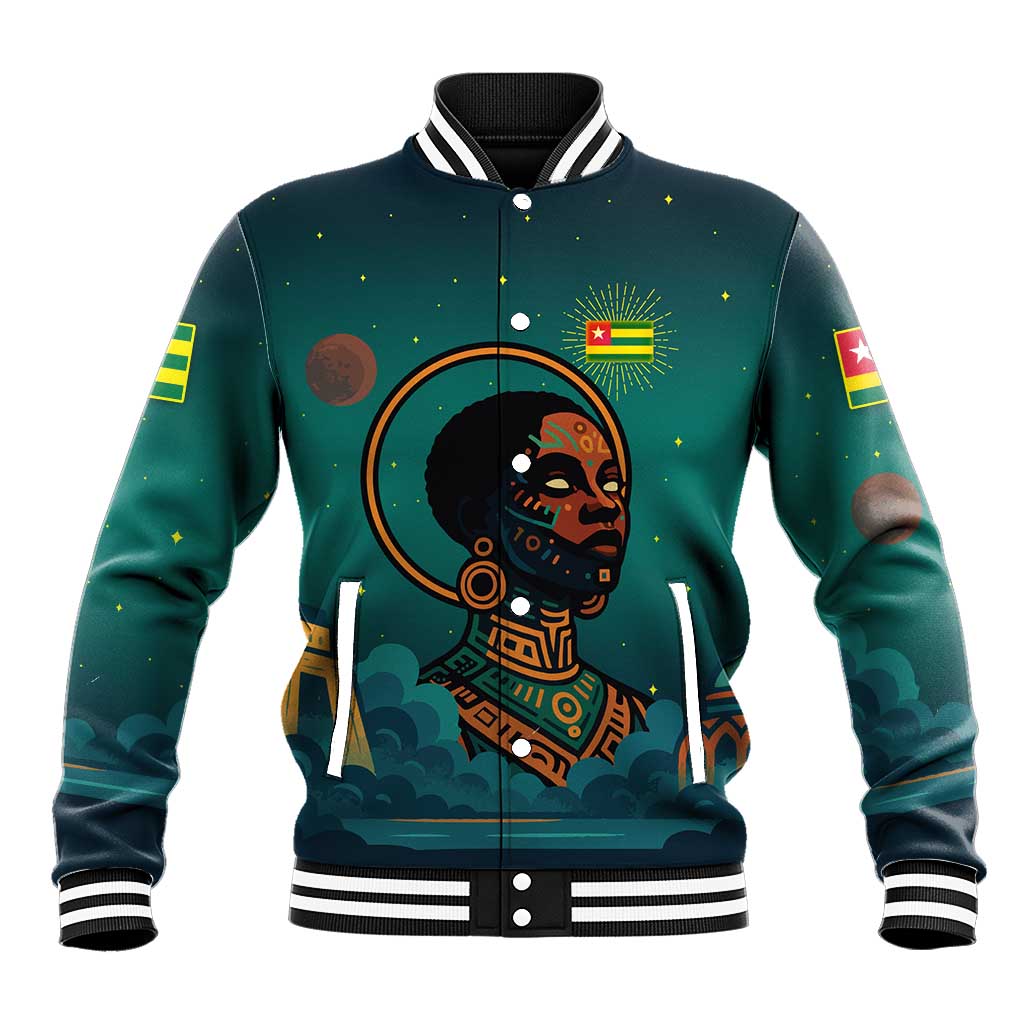 Togo Futuristic Afrocentric Woman Baseball Jacket with Flag and Stars Design