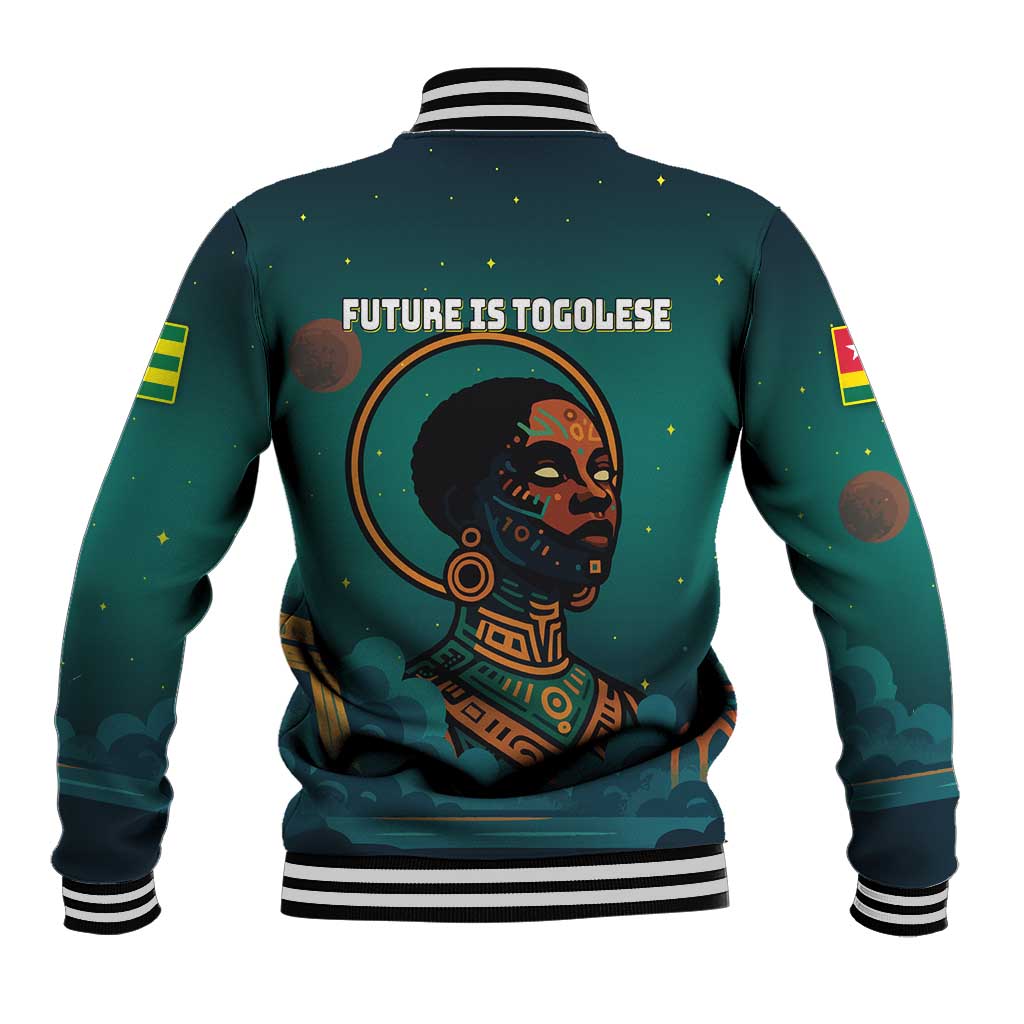 Togo Futuristic Afrocentric Woman Baseball Jacket with Flag and Stars Design