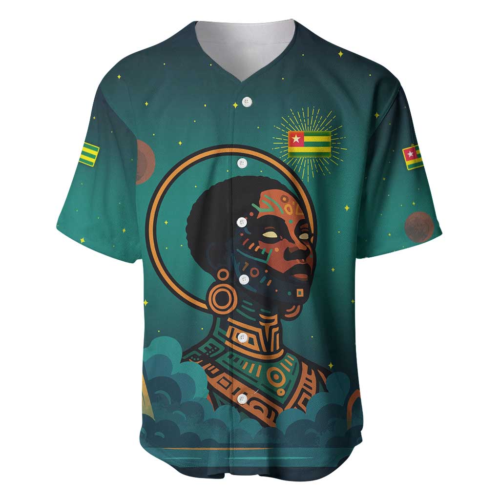 Togo Futuristic Afrocentric Woman Baseball Jersey with Flag and Stars Design