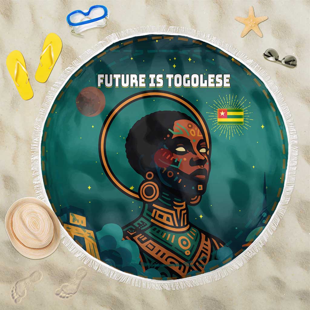 Togo Futuristic Afrocentric Woman Beach Blanket with Flag and Stars Design