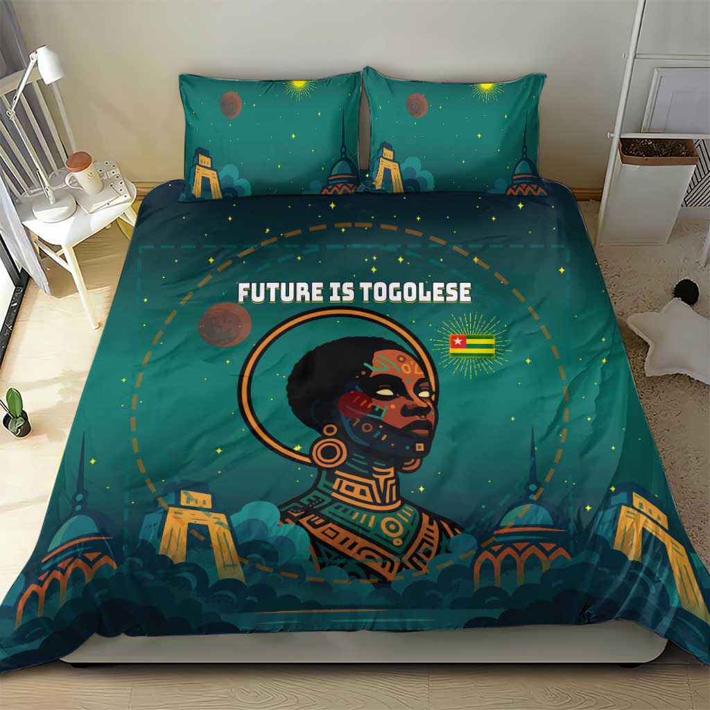 Togo Futuristic Afrocentric Woman Bedding Set with Flag and Stars Design
