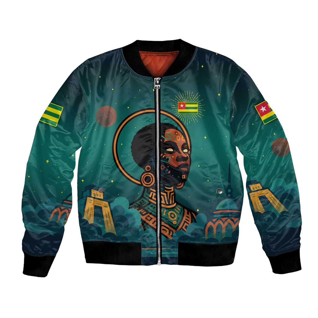 Togo Futuristic Afrocentric Woman Bomber Jacket with Flag and Stars Design