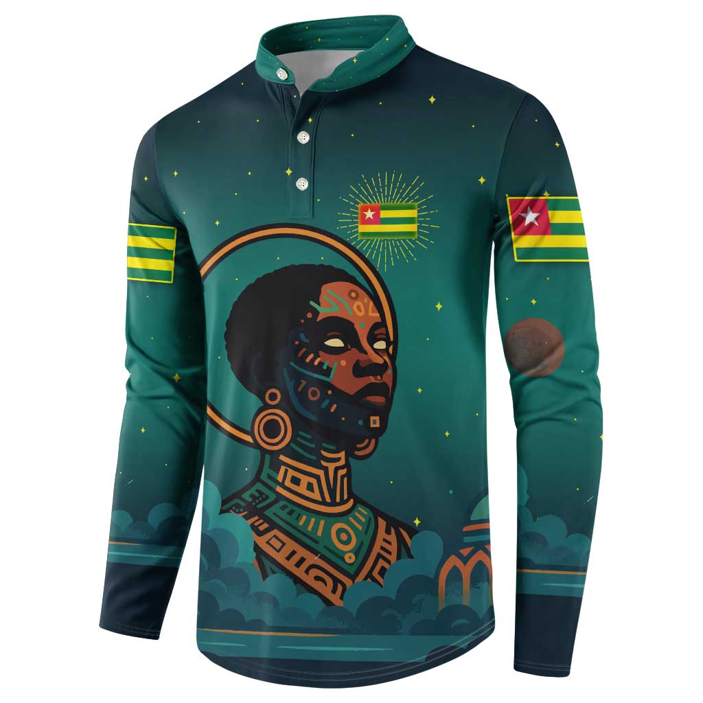 Togo Futuristic Afrocentric Woman Button Sweatshirt with Flag and Stars Design