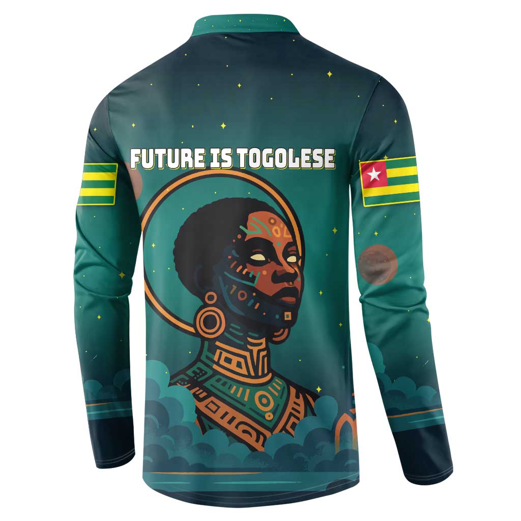 Togo Futuristic Afrocentric Woman Button Sweatshirt with Flag and Stars Design