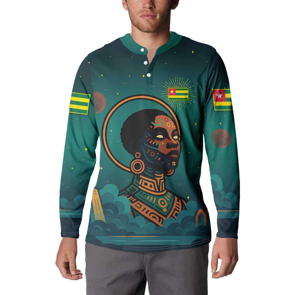 Togo Futuristic Afrocentric Woman Button Sweatshirt with Flag and Stars Design