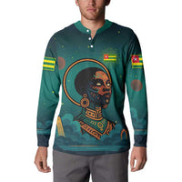 Togo Futuristic Afrocentric Woman Button Sweatshirt with Flag and Stars Design