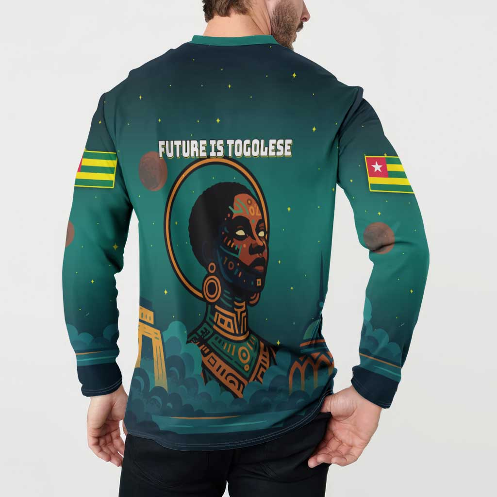 Togo Futuristic Afrocentric Woman Button Sweatshirt with Flag and Stars Design